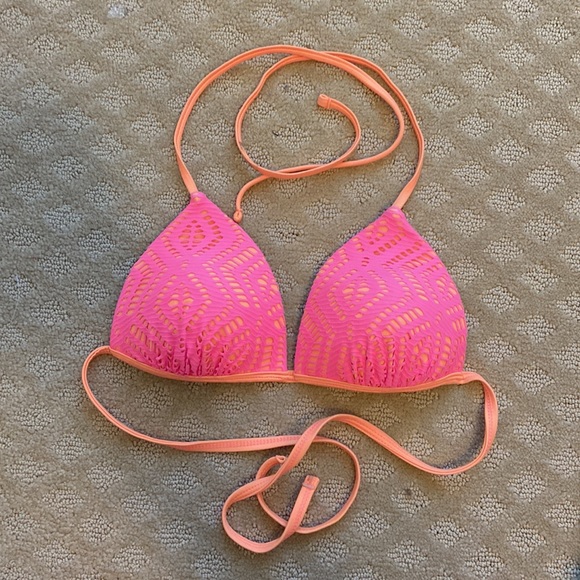 SO Orange triangle bikini top with pink overlay. S - Picture 2 of 7